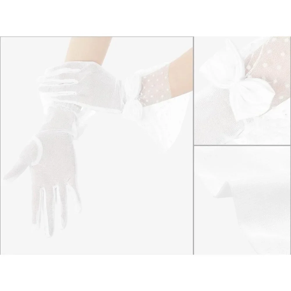 Women's Short White Lace Bow Polka Dots Gloves Mesh Wedding Tea Party Prom